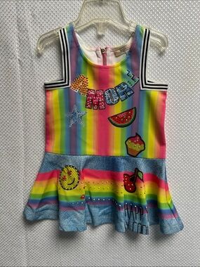 Baby Sara Girls Rainbow Stripe Tank Dress with Fun Patches. NWOT. 12 months.